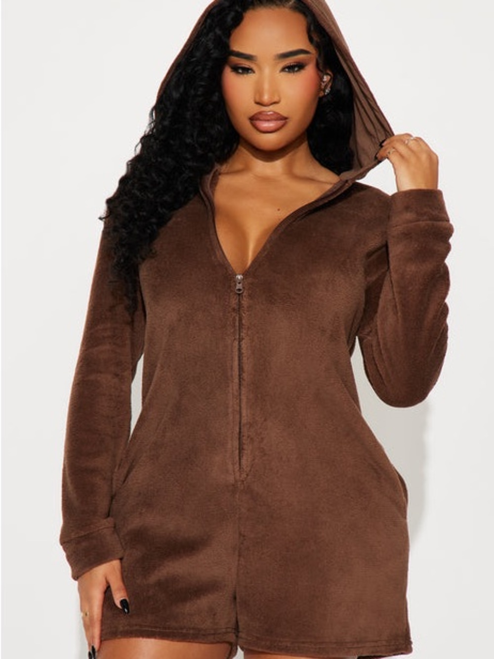 Fashion Nova Chestnut Brown Plush Hooded Zip Romper